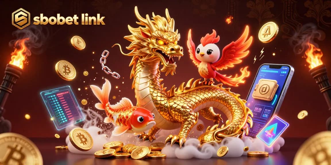 Experience the thrilling sbobet link with an engaging 3D dragon scene alive with energy, gold coins, and cryptocurrency elements.