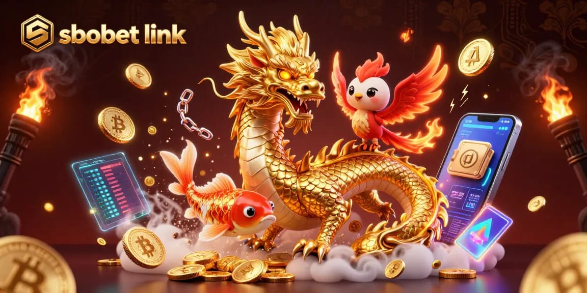 Experience the thrilling sbobet link with an engaging 3D dragon scene alive with energy, gold coins, and cryptocurrency elements.