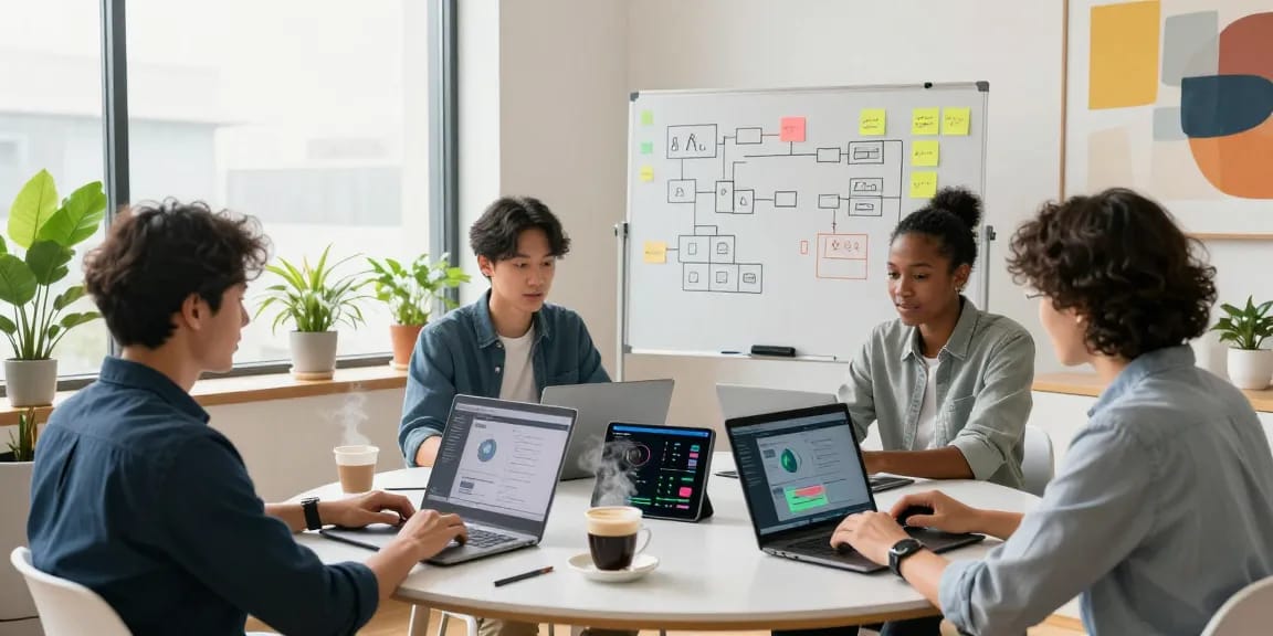 Team collaborating on AI automation strategies in a modern office environment with tech setups and vibrant atmosphere.