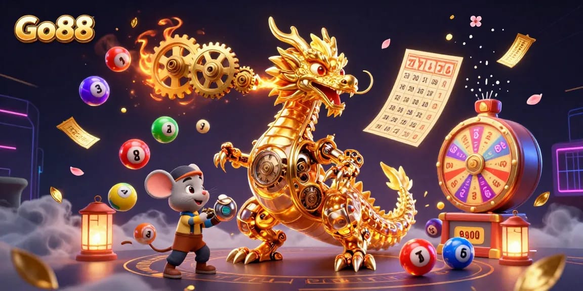 Play exciting games at Go88, featuring a golden dragon with fantastical elements of wins and jackpots.