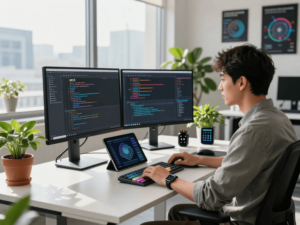 Professional software developer coding "spicy ai" algorithms in vibrant tech workspace