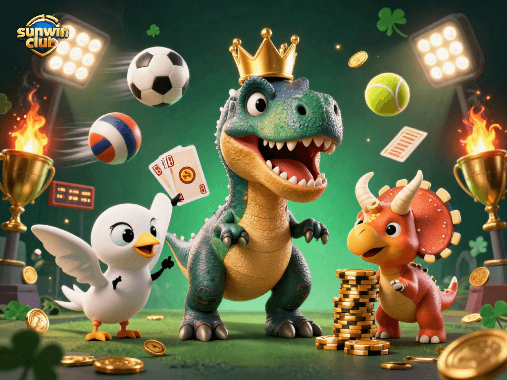 Bet on fun with sunwin club featuring a T-Rex shuffling cards and sports elements in a vibrant scene.