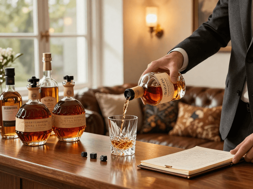 Enjoying Blanton's Whiskey in an elegant home bar setting with collectible bourbon.