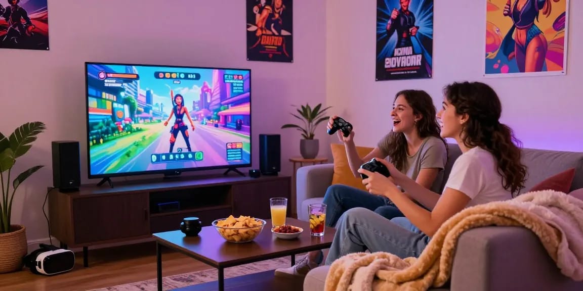 Couple enjoying a sex simulator game in a cozy living room