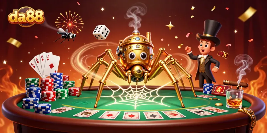 da88 steampunk spider ensnares dice at a vibrant poker table amid confetti celebrations.