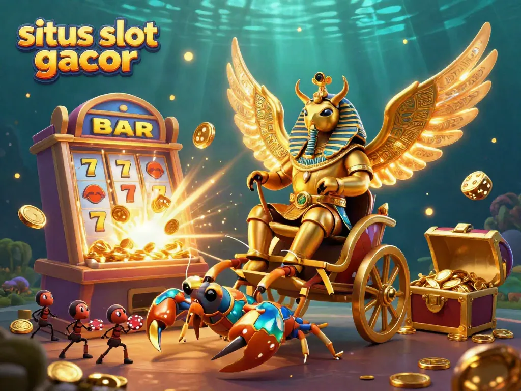 Experience the excitement of situs slot gacor with a vibrant 3D scene featuring a golden scarab and slot machine bursting with rewards.