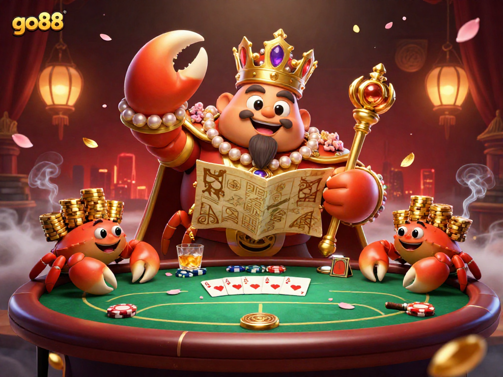Experience the vibrant world of go88 with a golden crab emperor surrounded by poker elements in a dynamic casino scene.