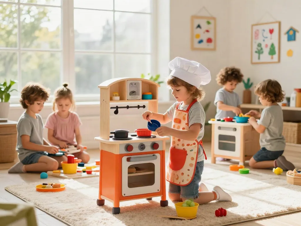 Children joyfully playing with a vibrant toy kitchen, engaged in imaginative cooking.
