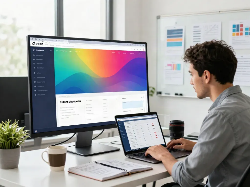 Digital marketer analyzing instant indexing metrics in a vibrant workspace
