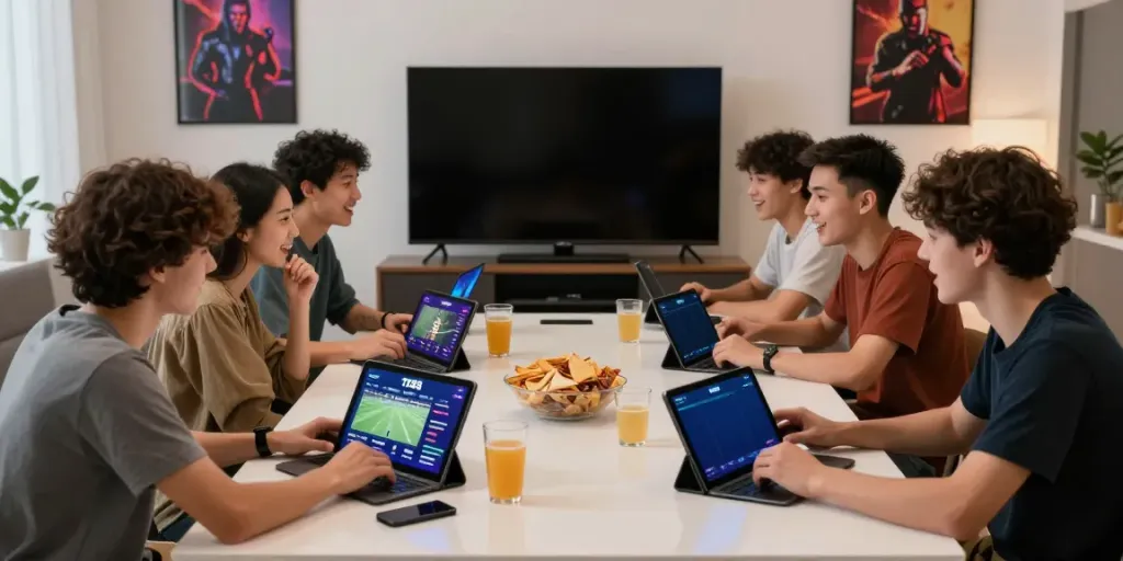 Engaged gamers using TX88 platform on tablets and smartphones in a vibrant living room.