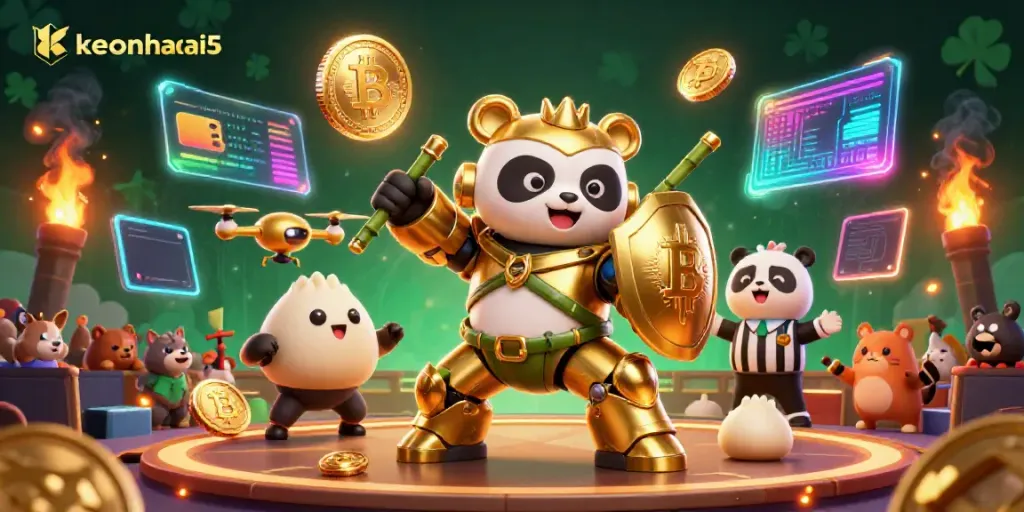 Engage with keonhacai5's immersive 3D gaming universe featuring golden panda mechs and vibrant crypto elements.