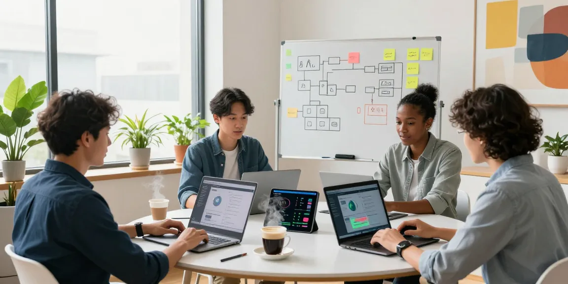 Team collaborating on AI automation strategies in a modern office environment with tech setups and vibrant atmosphere.