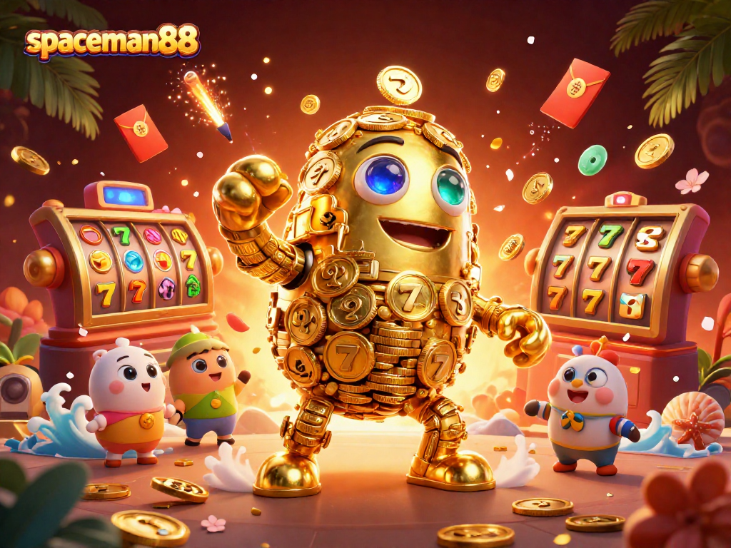 Play immersive slots at spaceman88 with a vibrant gaming scene featuring golden coins and dynamic elements.