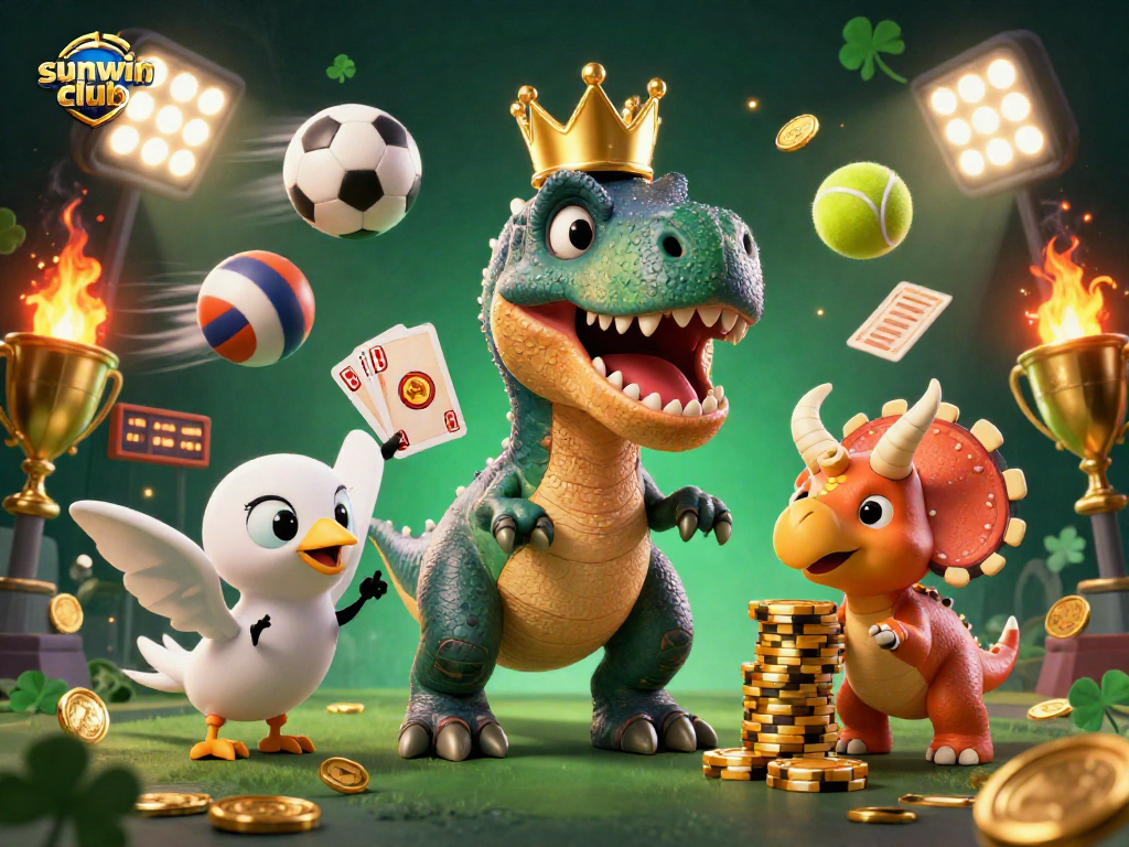 Bet on fun with sunwin club featuring a T-Rex shuffling cards and sports elements in a vibrant scene.