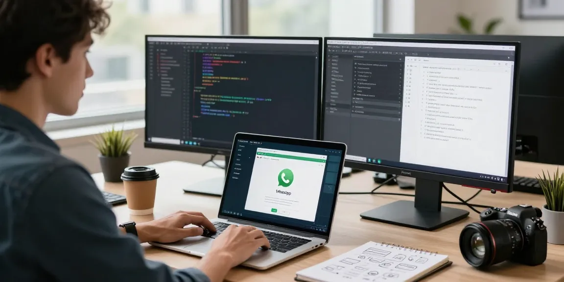 WhatsApp下載 showcased on a developer's workspace with dual monitors and a bright office.