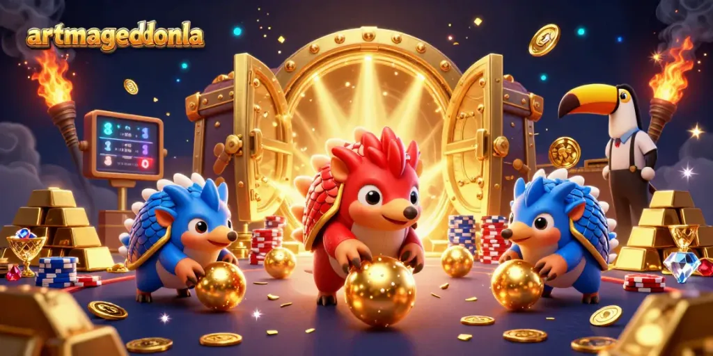 Artmageddonla features rival pangolins bowling through poker chips amidst gold treasures in a vibrant casino scene.