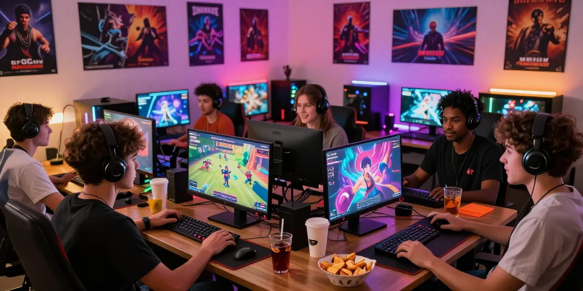 Engaged players enjoying html ecchi games in a vibrant gaming setup with colorful lights and animated screens.