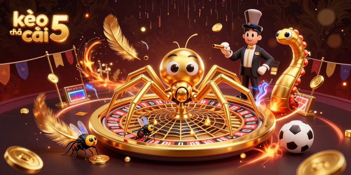 Place bets at kèo nhà cái 5 in a dynamic sports betting scene featuring a golden spider and centipede croupier.