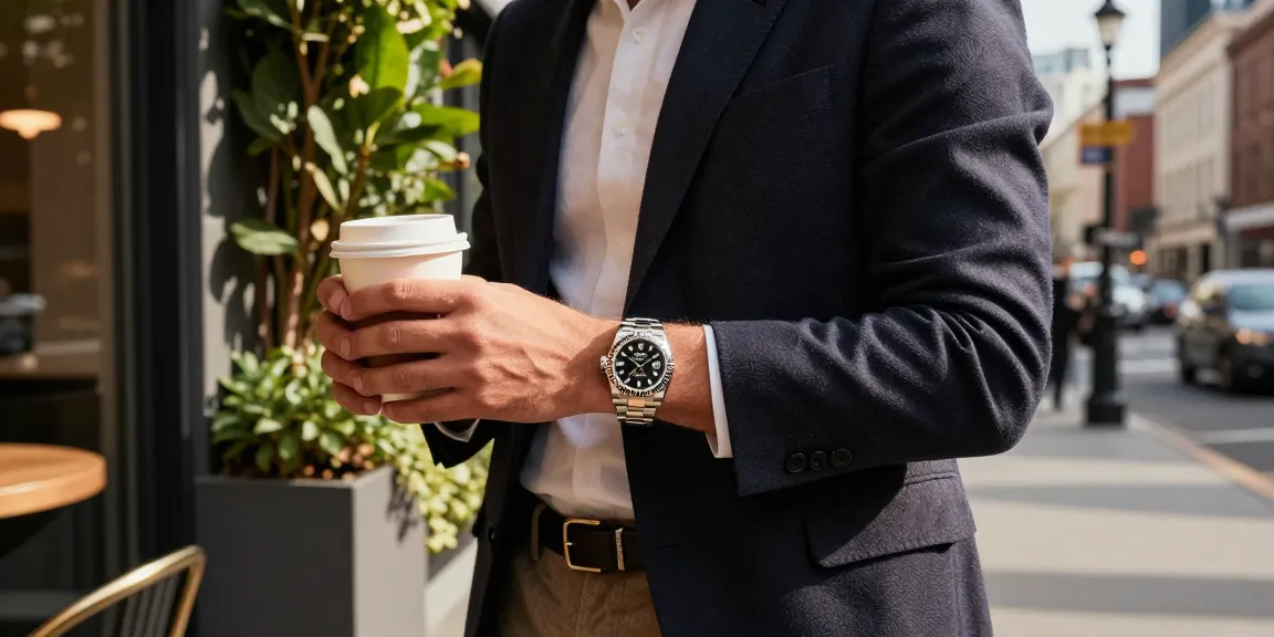 Admiring Rolex super clone watches in a chic urban café setting.