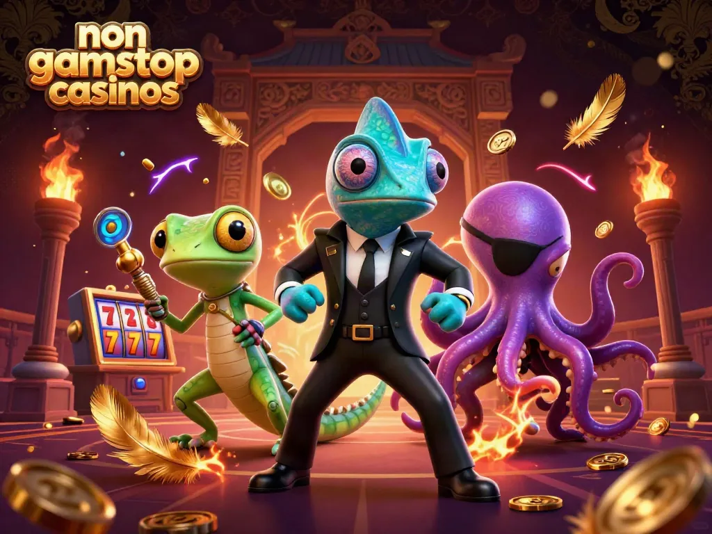 Engage with non gamstop casinos in this vibrant 3D scene showcasing characters and gaming elements.
