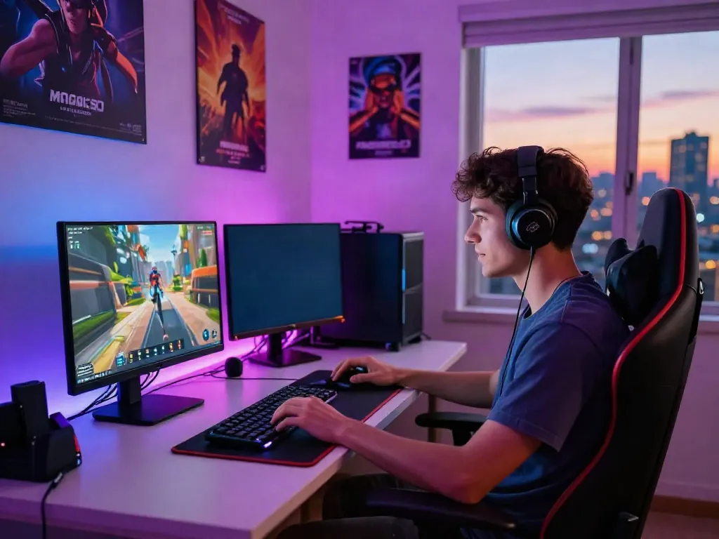 uk88 online gaming enthusiast in a modern home office with vibrant LED lighting