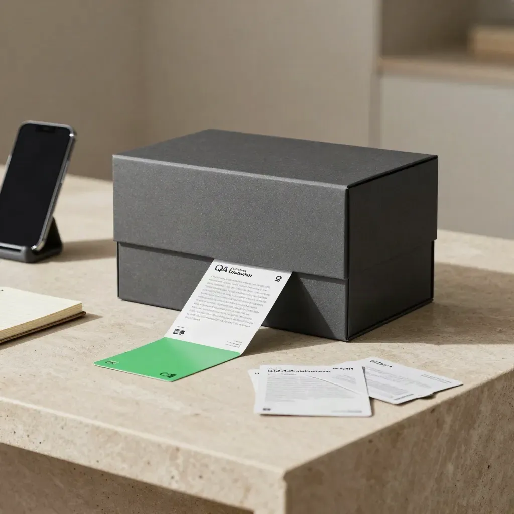 Charcoal growth-fix box with strategy cards, phone stand, and notepad on stone