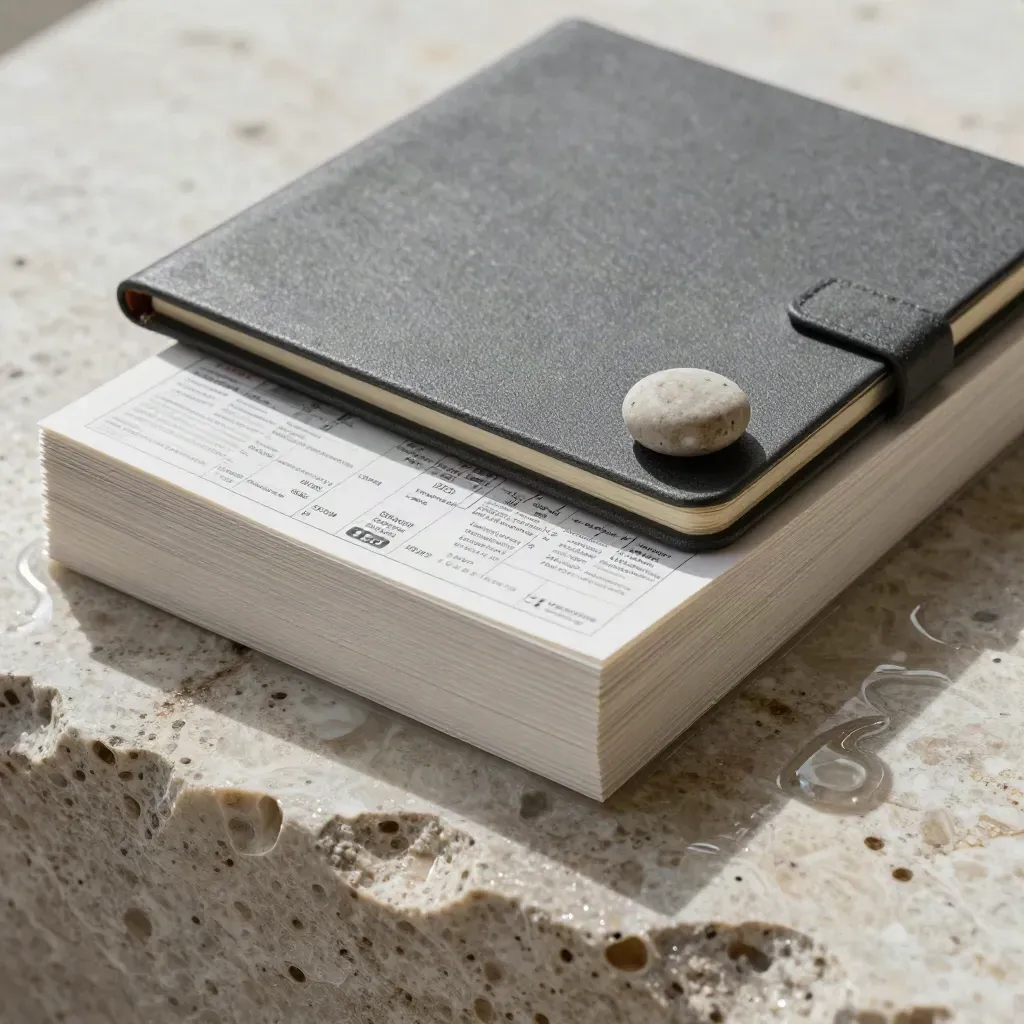 Macro local SEO kit on wet travertine with cards, notebook and stone weight.
