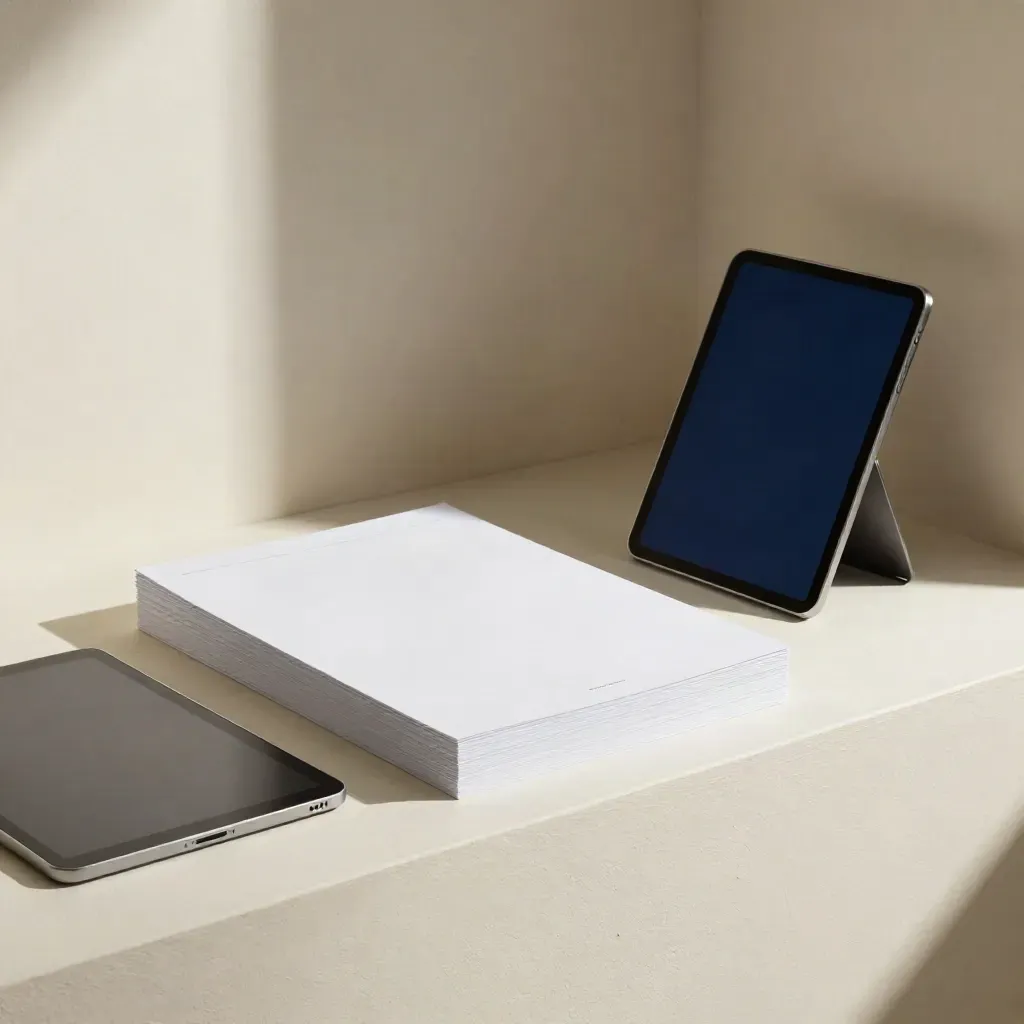 Landing page sprint kit on a plaster ledge with tablet, wireframes, and metal stand.