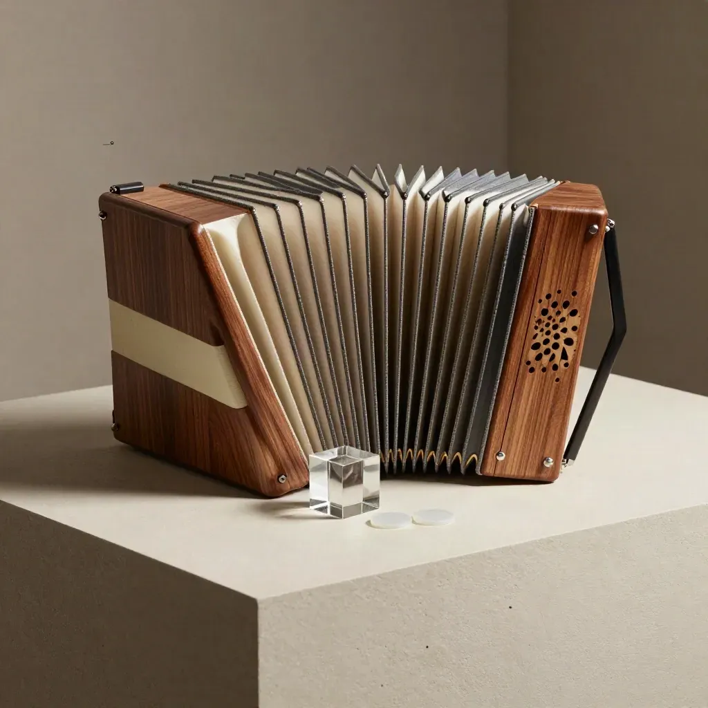 Accordion file with glass cube and translucent tokens on a pale plinth, studio-lit from above left.