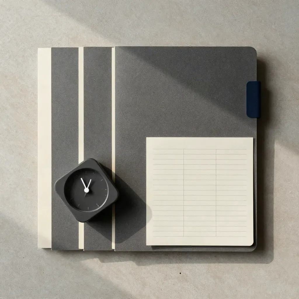 Overhead flatlay of retainer folders, tab cards and a matte timer on pale wood.