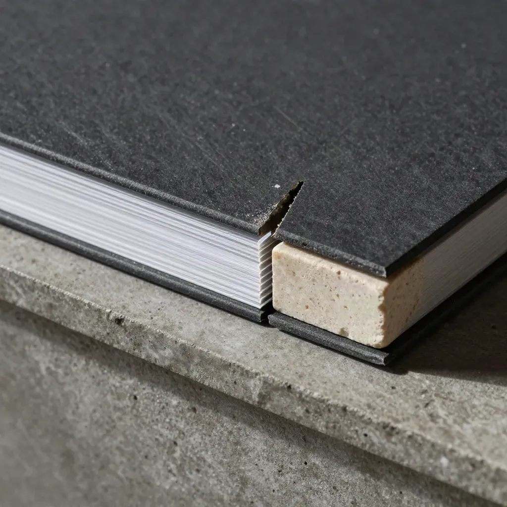 Charcoal conversion review dossier split open on slate with a pale stone clip and drifting dust