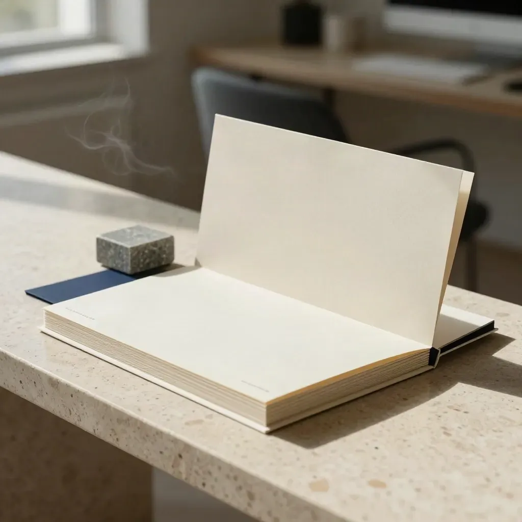 Cream SEO starter pack folder, tabbed cards and stone cube on travertine in soft window light