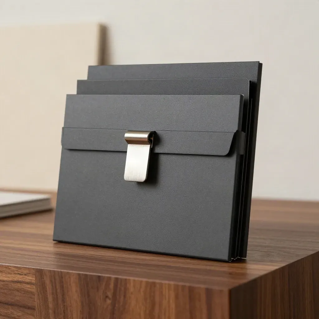 Premium dark campaign box with stacked cards and a brushed-metal clasp on a warm walnut plinth.
