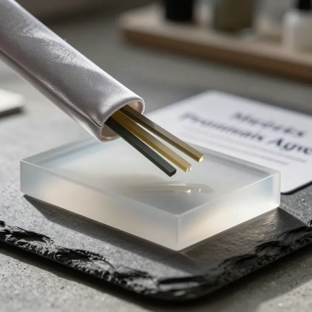Translucent acrylic test case with three chips fanning open on a slate surface.