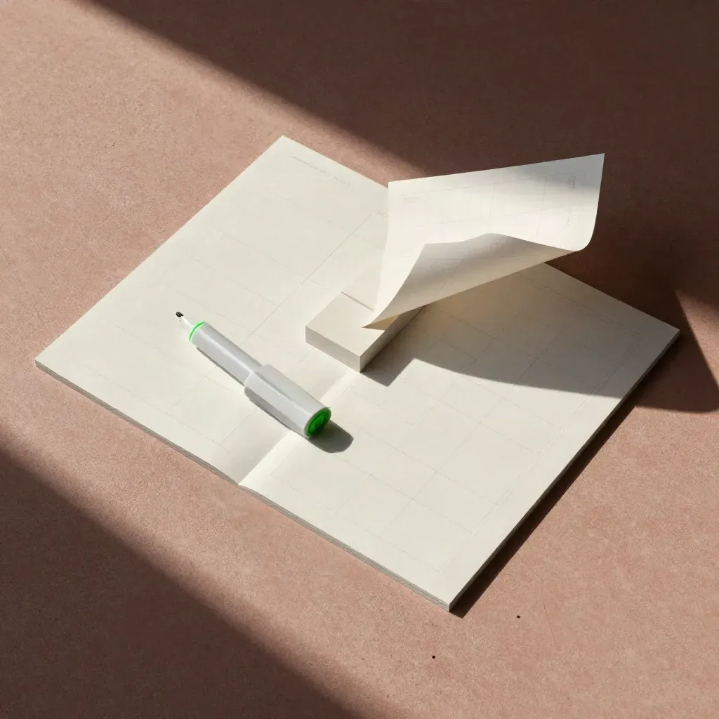 Overhead flatlay of wireframe sheets, paper blocks and a green marker cap on concrete
