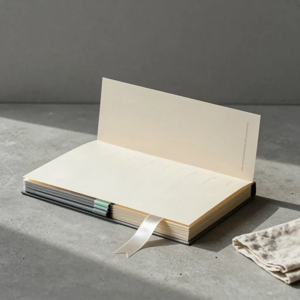 Top-down cream SEO bundle with slate tabs and ribbon on concrete