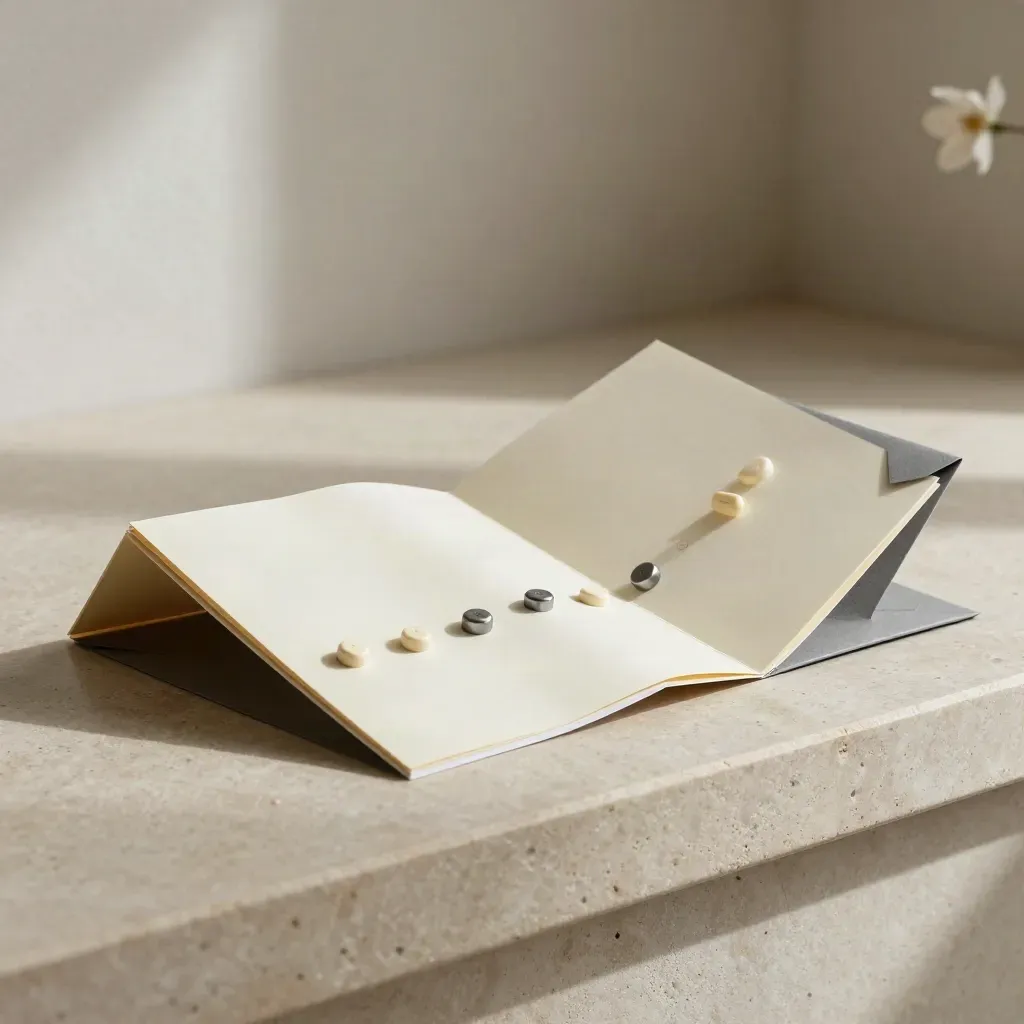 Accordion funnel tracking kit with tokens and graphite envelope on a limestone ledge.