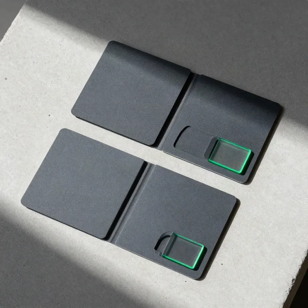 Overhead flatlay of a CRO test pack with two graphite cards, split sleeve and green sample chips.