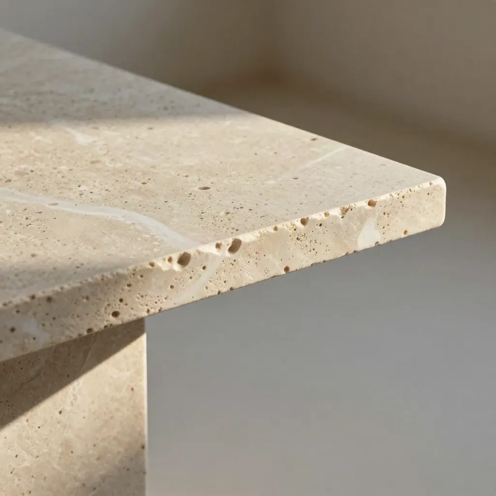 Sunlit travertine surface with pale oak edge, blurred interior, and calm copy space.