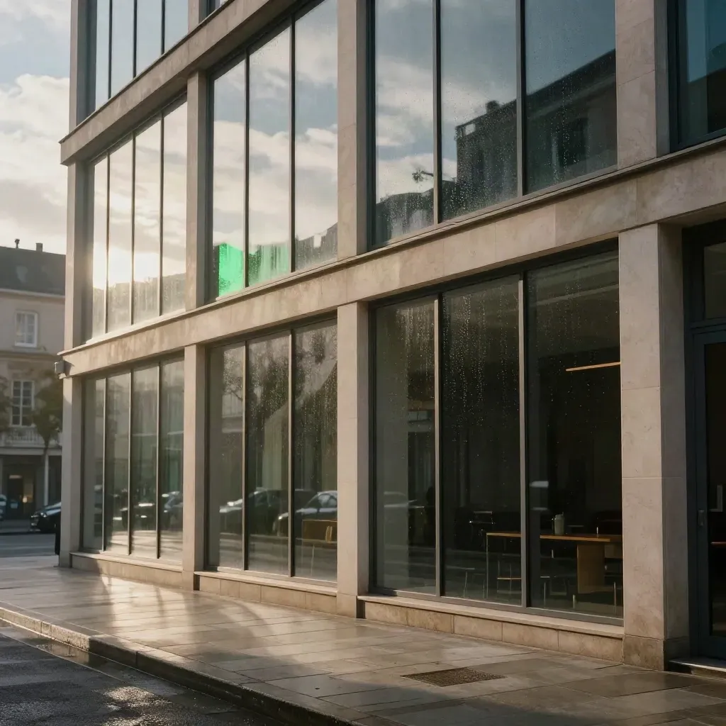 Sunlit glass facade over a quiet stone terrace with sky reflections and a green accent.