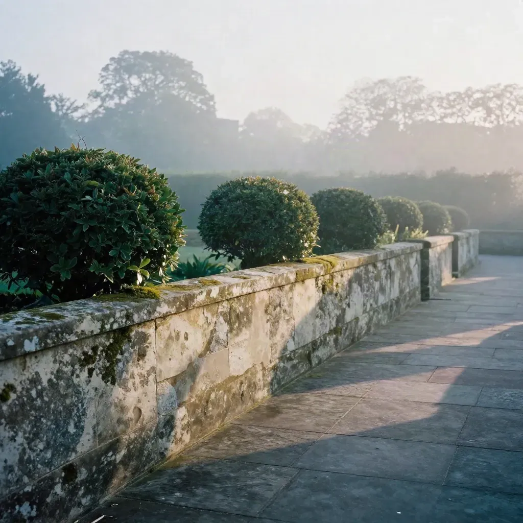 Misty garden terrace with weathered stone, clipped greenery and pale sky, calm space for copy