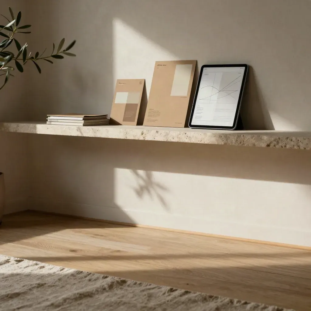 Warm oak study corner with abstract analytics tablet, plant, stone shelf and soft sunlit shadows.