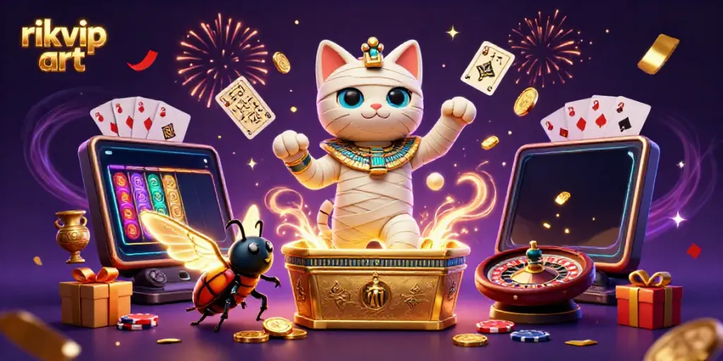 Experience excitement with rikvip art: mummy cat bursts from a sarcophagus, amid casino thrill.