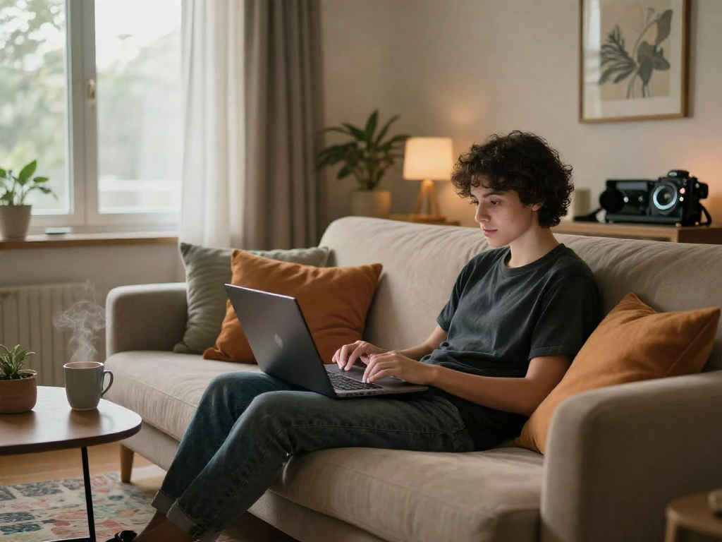 Engaging in an AI porn chat on a modern laptop in a cozy living room.
