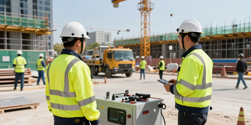 Construction Site Security professional inspecting a busy construction area, ensuring safety and protection for local developments.