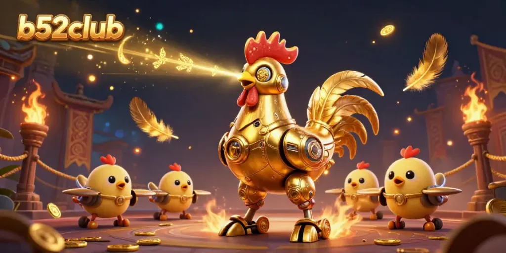 Engage in the excitement of b52club with golden rooster robots and baby chick drones under a vibrant casino atmosphere.