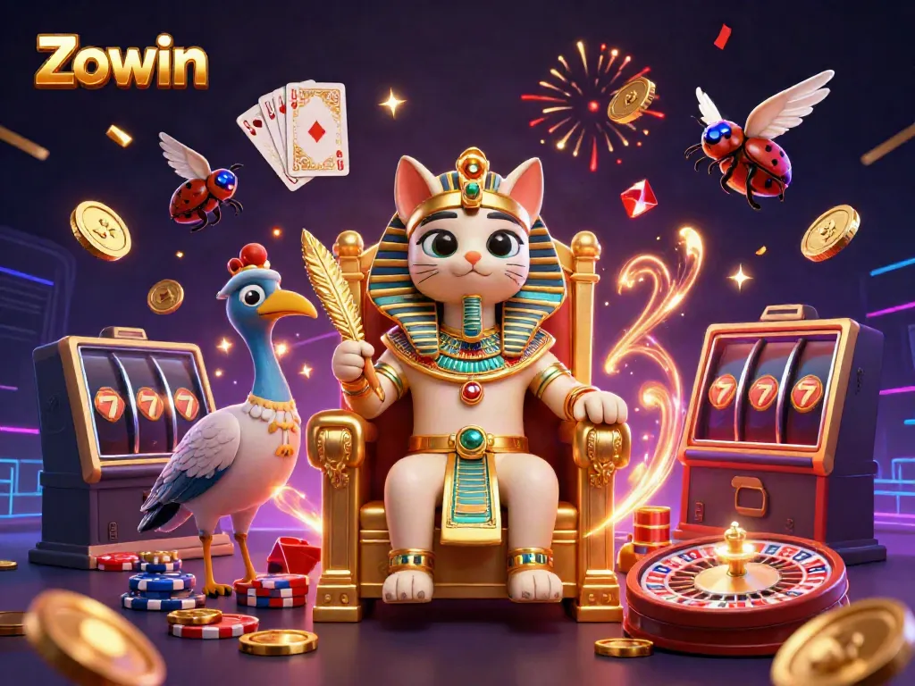 Engage in exciting gaming moments with Zowin, featuring a vibrant cartoon pharaoh cat surrounded by coins and cards.