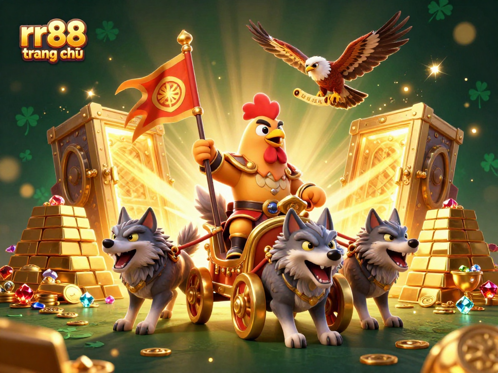 Engage with the thrilling rr88 trang chủ experience featuring a cartoon rooster warlord and treasure in a vibrant casino scene.