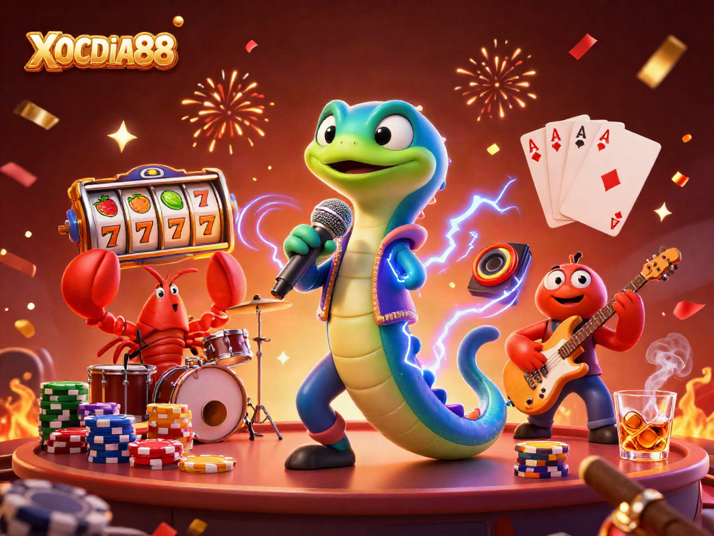 Experience exciting gaming action with XOCDIA88's vibrant underwater casino scene featuring colorful slot and poker elements.