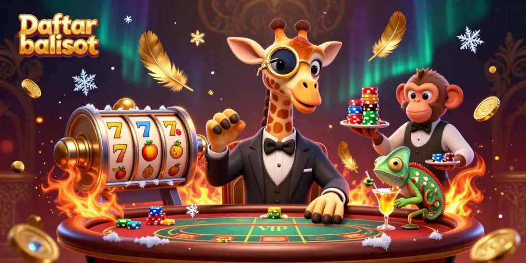 Experience thrilling gaming at Daftar balisot with a cartoon giraffe and vibrant casino action.